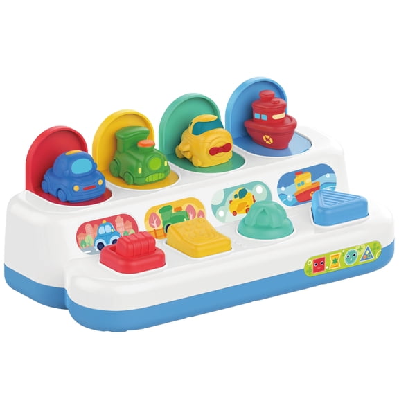 Playful Palette: Pop Up Vehicles - Press-Spin-Push Play, Interactive Cars & Buttons Toy, Color & Shape Recognition, Cause & Effect, Kid Toddlers 18mo+