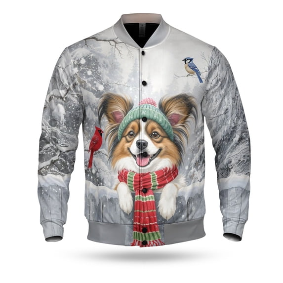 Playful Papillon Welcomes Winter Snowy Day with Cardinal Bird All Over Print 3D Baseball Jacket Pap Butterfly Dog Lover Bomber Jacket Softball - 12017
