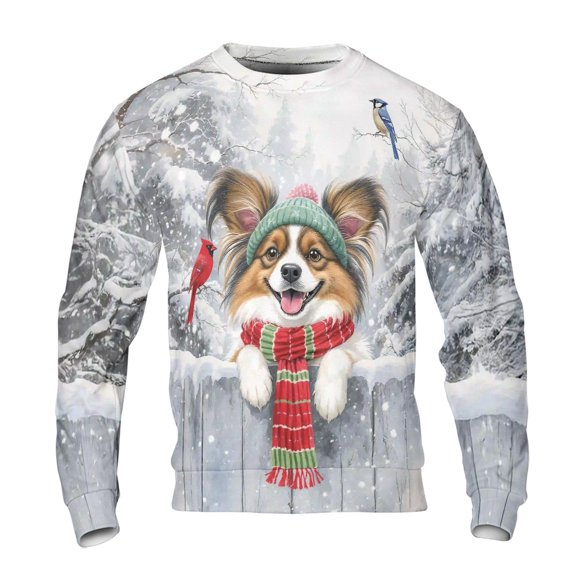 Playful Papillon Welcomes Winter Snowy Day with Cardinal Bird All Over Print 3D Sweatshirt Unisex Merch Pap Butterfly Dog Lover - 2017