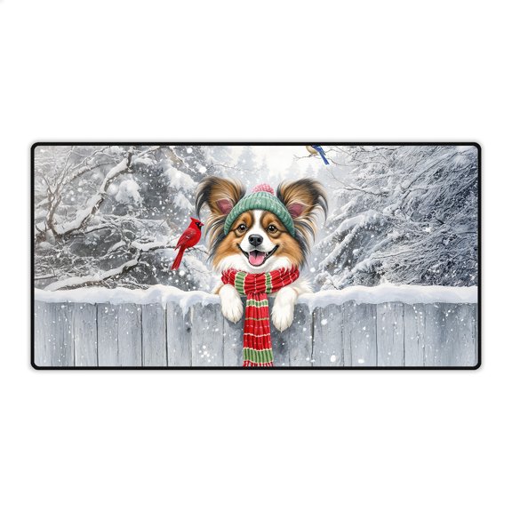 Playful Papillon Welcomes Winter Snowy Day with Cardinal Bird Desk Mat Full Keyboard Mouse Pad Pap Butterfly Dog Lover Large Mousepad - 2017