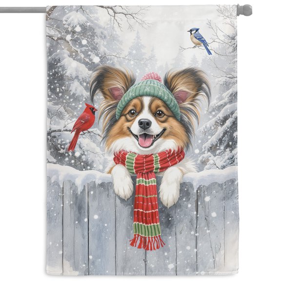 Playful Papillon Welcomes Winter Snowy Day with Cardinal Bird House Flag 28x40in Double Sided Pap Butterfly Dog Lover Outdoor Decor - 2017