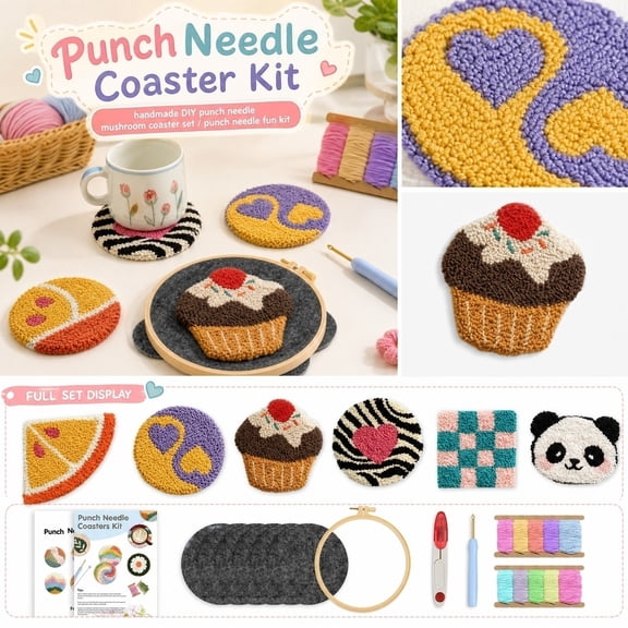 Playful Pattern Punch Needle Coaster Set, DIY Craft Kit with Tools & Pre-Cut Fabric, Handmade Coasters for Home & Gifts (C)