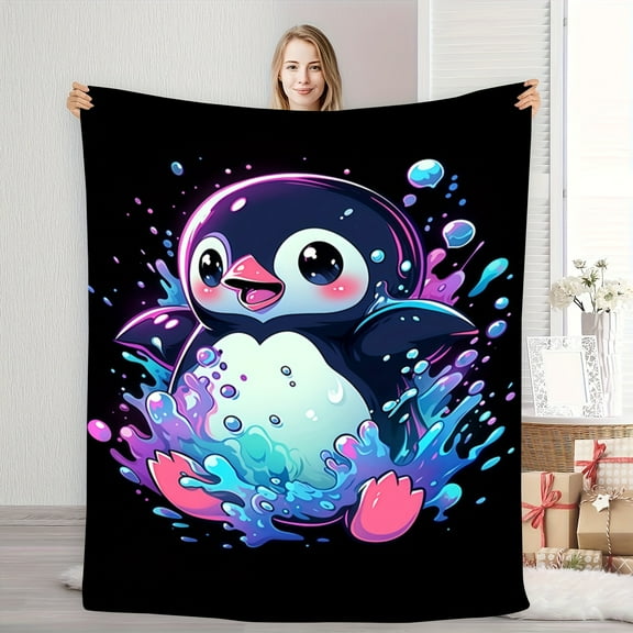 Playful Penguin Cartoon Flannel Blanket Soft Warm All-Season Throw with Vibrant Colorful Print on Black for Home Decor Camping Travel Perfect Gift