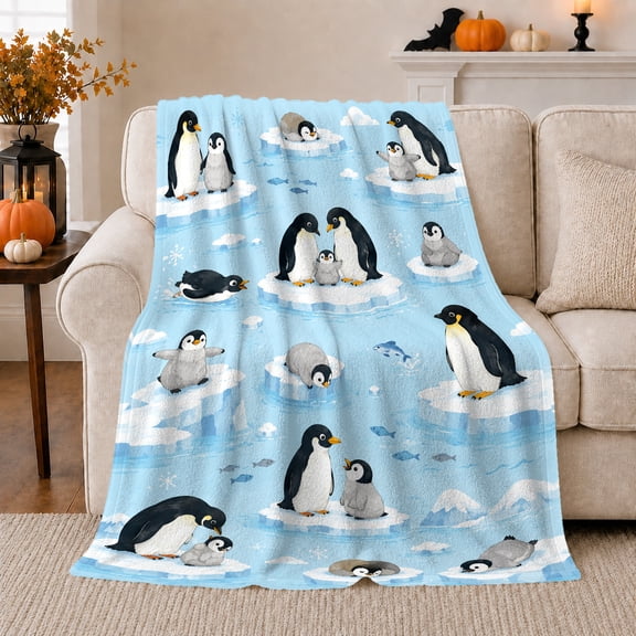 Playful Penguin Iceberg Cartoon Flannel Blanket for Penguin Fans, Soft Home Decor, Light Blue Winter Ocean Snowflake Scene, Christmas Gift for Arctic Style Collectors