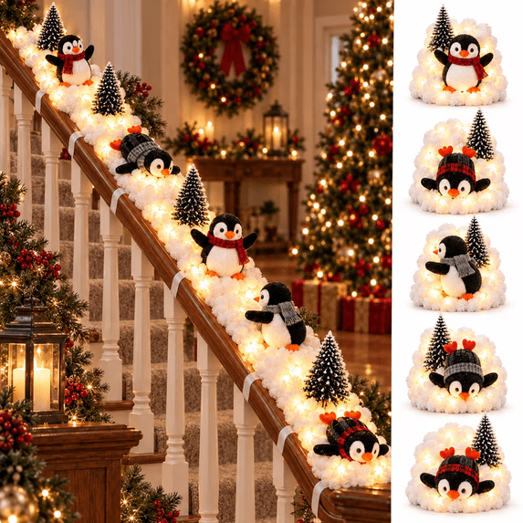Stare Raling Playful Penguin Snowy Stair Railing Decor, Whimsical Holiday Stair ...