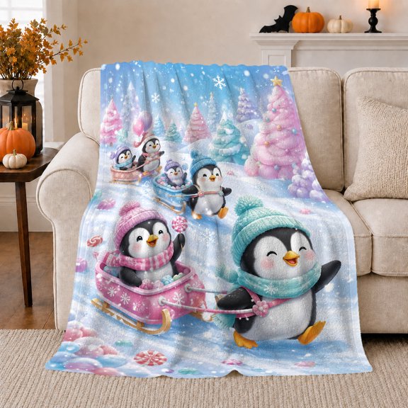 Playful Penguins Pulling Sleds Among Pastel Trees, Cozy Flannel Blanket with Pastel Winter Cartoon Print, Housewarming Gift for Penguin Winter Enthusiasts, Home Decor for Bedroom and Living Room