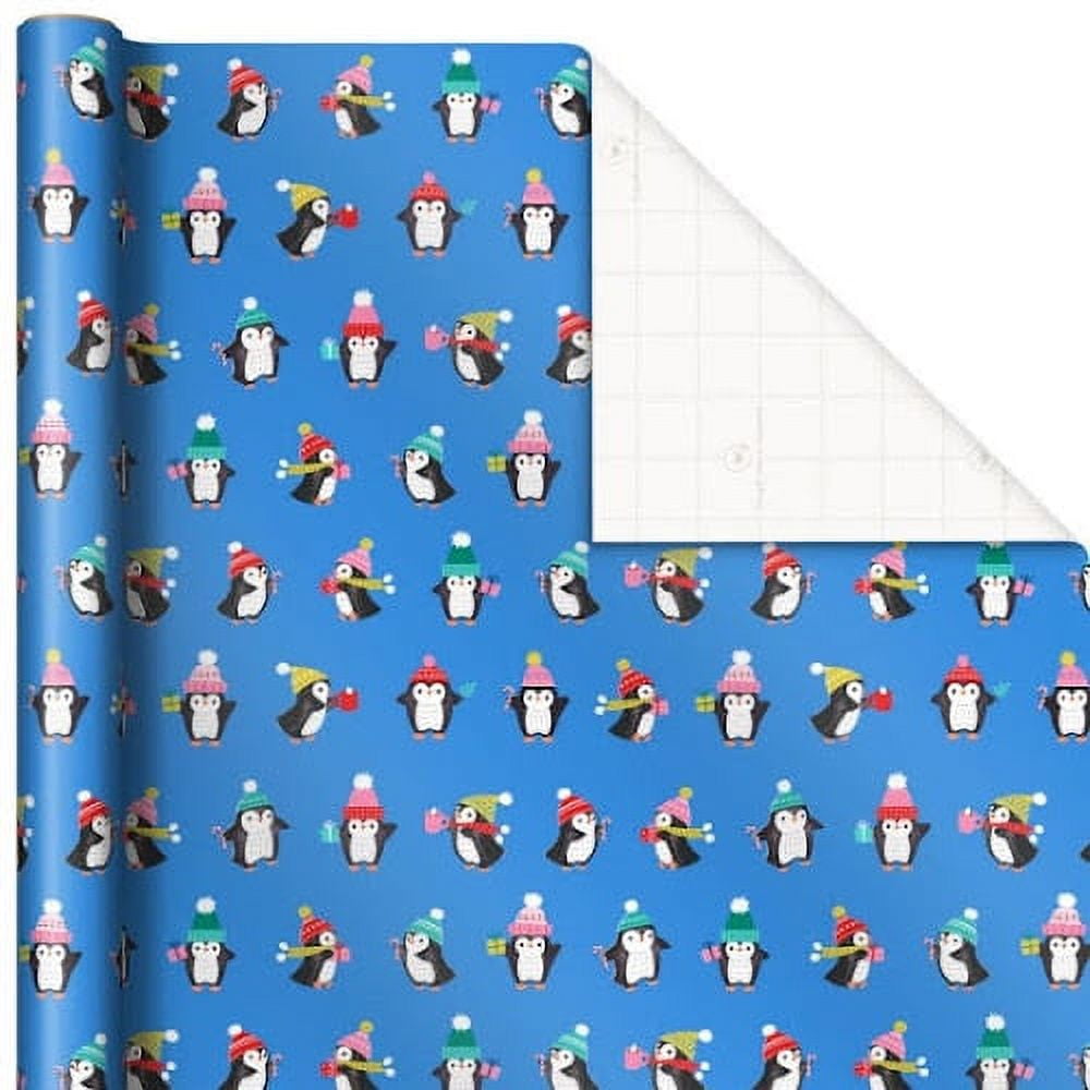 Playful Penguins on Blue Holiday Wrapping Paper, 45 sq. ft