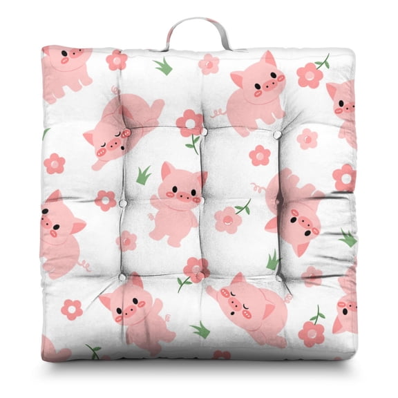 Playful Pig in Farm Meditation Seat - Large Square Floor Cushion, Cute Pig Design, 4.7" Thick for Hard Floors, Sunlight-Activated Expansion