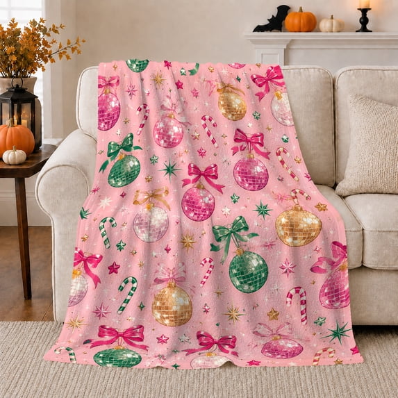 Playful Pink Christmas Print with Disco Ball Ornaments and Canes, Warm Flannel Blanket for Living Room and Family Room, Art Lovers Christmas Gift, Festive Home Decor