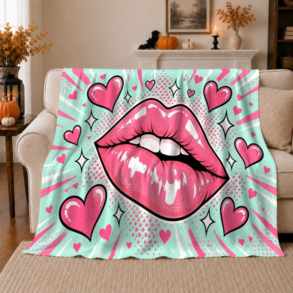 Playful Pink Lips Hearts Pop Art, Cozy Friendship Quote Scene, Warm Flannel Blanket for Living Room and Reading Nook, Art Lovers Friendship Gift, Artistic Home Decor