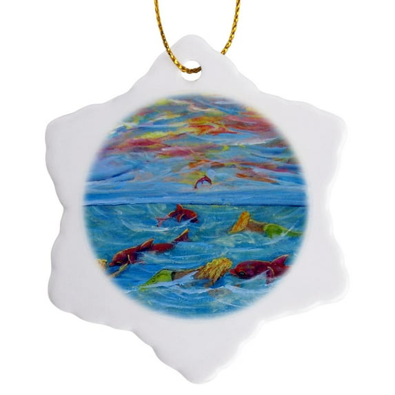 3drose, Playful Pink Porpoises, Mermaids Swim with the Dolphins, 3 inch Snowflake Porcelain Ornament