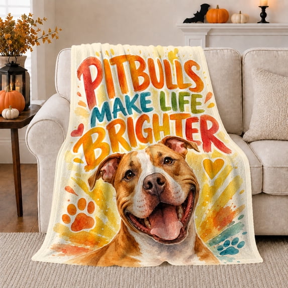 Playful Pitbull Love Watercolor Art, Pitbulls Make Life Brighter Flannel Blanket for Sofa Couch Bed Bedroom Home Decor Mother's Day Gift for Mom Cozy Room Accent