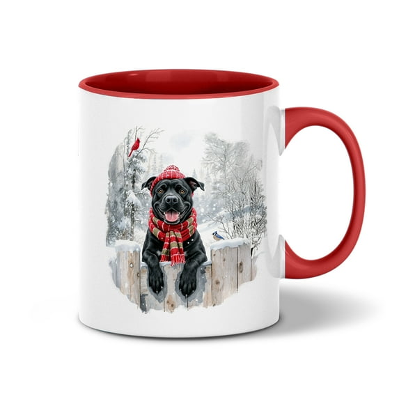 Playful Pitbull Welcomes Winter Snowy Day with Cardinal Bird 11oz Accent Two-tone Mug Terrier Dog Lover Coffee Tea Cup - 2017