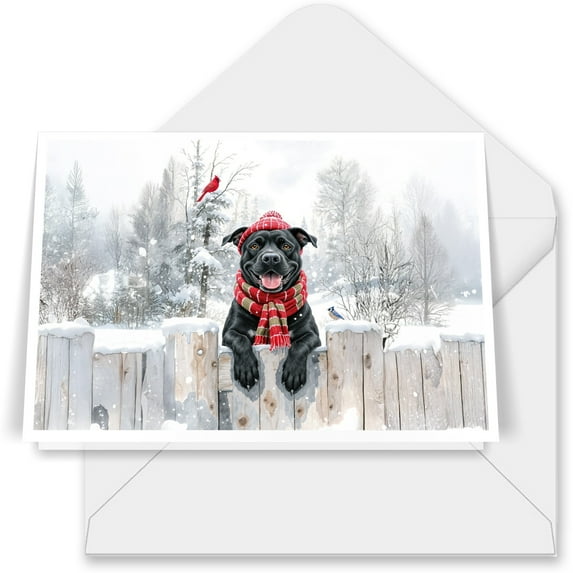 Playful Pitbull Welcomes Winter Snowy Day with Cardinal Bird 7x5in Folded Greeting Card Terrier Dog Lover Single Note Card with Envelope - 2017