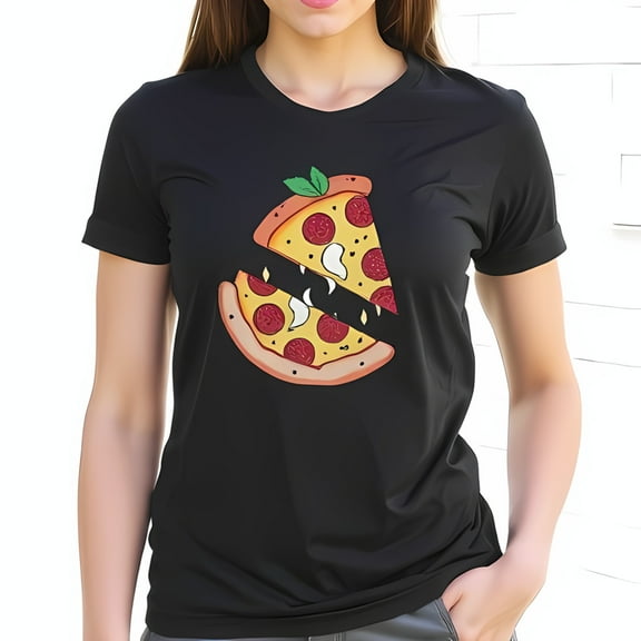 Playful Pizza Graphic Cotton Short Sleeve T-Shirt - Cheesy with Pepperoni & Green Leaf Design