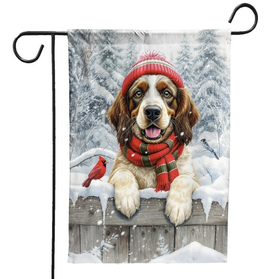 Playful Portuguese Water Dog Welcomes Winter Snowy Day with Cardinal Bird Garden Flag 12x18in Double Sided PWD Portie Fishing Dog Lover Outdoor Decor - 2017