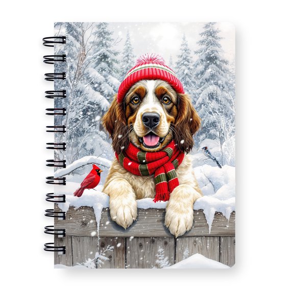 Playful Portuguese Water Dog Welcomes Winter Snowy Day with Cardinal Bird Spiral Bound Journal PWD Portie Fishing Dog Lover 5x7in Spiral Notebook - 2017