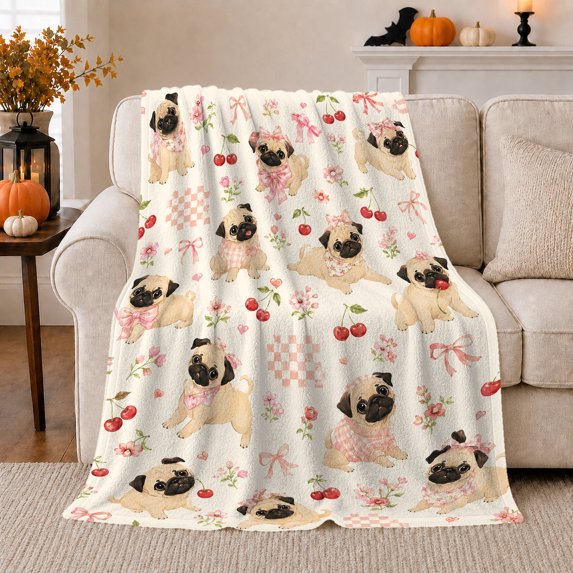 Playful Pug Pattern Cherries Pink Bows Whimsical Canine, Playful Pet Portrait Pattern, Warm Flannel Blanket for Living Room and Bedroom, Dog Lovers Just Because Gift, Pet Lover Home Decor