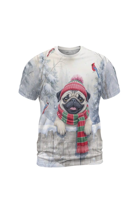 Playful Pug Welcomes Winter Snowy Day with Cardinal Bird All Over Print 3D Shirt Unisex Merch Dog Lover Gifts - 2017