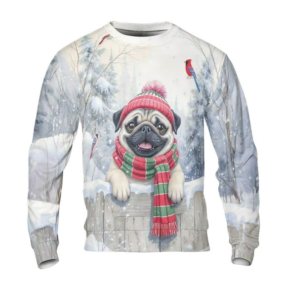 Playful Pug Welcomes Winter Snowy Day with Cardinal Bird All Over Print 3D Sweatshirt Unisex Merch Dog Lover Gifts - 2017