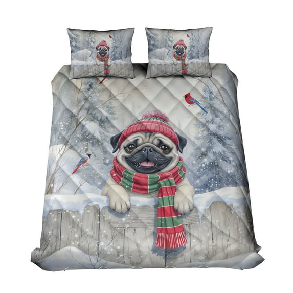 Playful Pug Welcomes Winter Snowy Day with Cardinal Bird Quilt Bedding Set Dog Lover Gifts 1 Blanket Bed Cover 2 Pillowcases - 12017