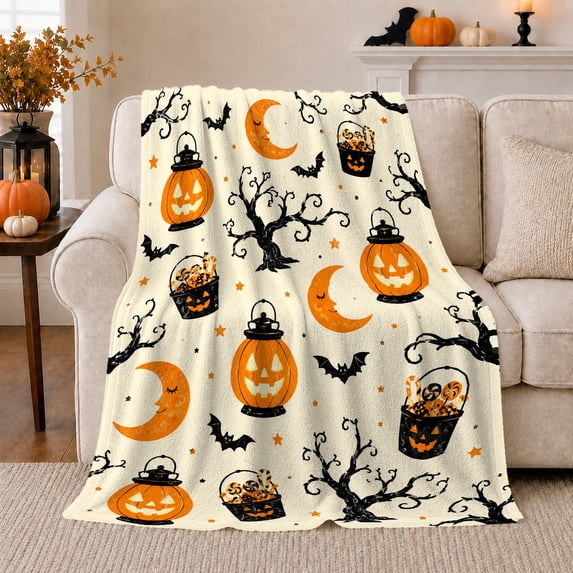Playful Pumpkin Bat Pattern, Festive Halloween Scene, Warm Flannel Blanket for Living Room and Family Room with Detailed Artwork, Art Lovers Halloween Gift, Festive Home Decor