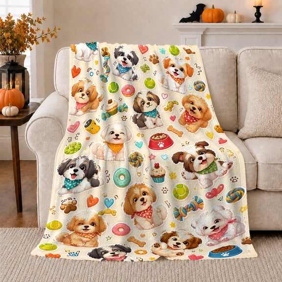 Playful Puppies with Toys and Treats, Cheerful Whimsical Colorful Dog Party Pattern for Kids, Birthday Gift, Cozy Flannel Blanket for Playroom and Nursery, Home Decor