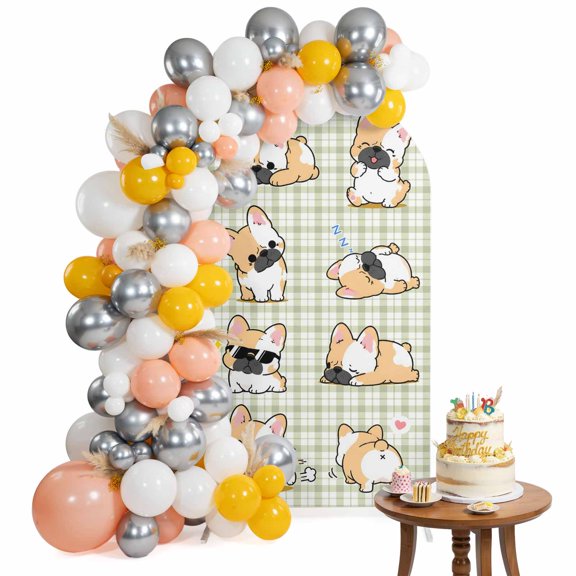 Playful Puppy Arch Backdrop Cover 4FT Modern Cute Corgi Dog Kawaii Sage Green Plaid Spandex Fitted Arch Covers Stretchy Backdrop Decoration for Wedding Birthday Graduation Party