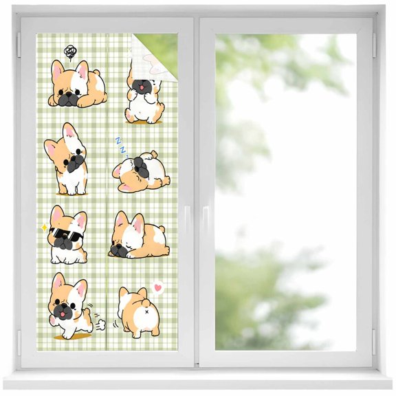 Playful Puppy Window Privacy Film 17.7x39.3in Modern Cute Corgi Dog Kawaii Sage Green Plaid Decorative Window Film with Static Cling, UV Filtering Window Cling Privacy Film for Glass Doors