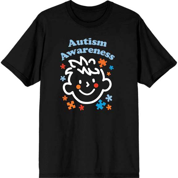 Playful Puzzle Pieces Autism Awareness Adult Black Crew Neck Short Sleeve Tee-XL