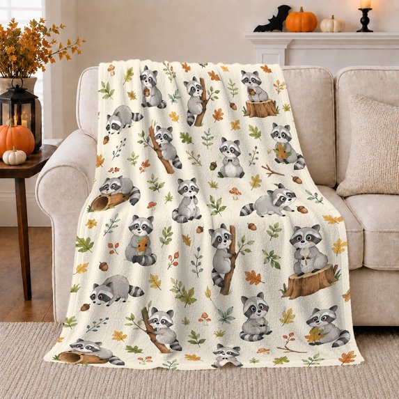 Playful Raccoons Autumn Forest Acorns Leaves Whimsical Style, Cozy Friendship Quote Scene, Warm Flannel Blanket for Living Room and Reading Nook, Art Lovers Thanksgiving Gift, Playful Home Decor