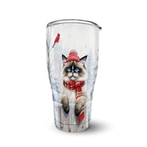 Playful Ragdoll Welcomes Winter Snowy Day with Cardinal Bird 30oz Stainless Steel Tumbler Insulated Cup with Lid Cat Lover Kitten Owner Gifts Idea - 2017