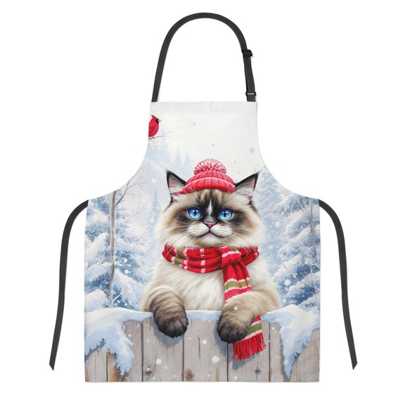 Playful Ragdoll Welcomes Winter Snowy Day with Cardinal Bird Apron Cat Lover Kitten Owner Gifts Idea for Cooking Grilling Baking Painting Gardening - 2017