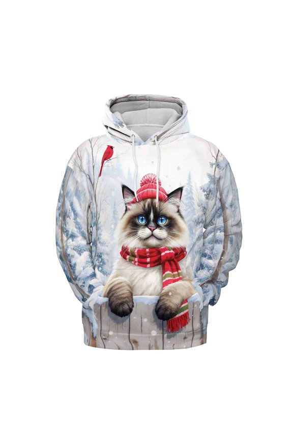 Playful Ragdoll Welcomes Winter Snowy Day with Cardinal Bird All Over Print 3D Hoodie Unisex Merch Hoodies Cat Lover Kitten Owner Gifts Idea - 2017