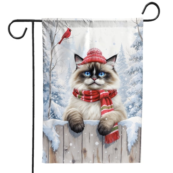 Playful Ragdoll Welcomes Winter Snowy Day with Cardinal Bird Garden Flag 12x18in Double Sided Cat Lover Kitten Owner Gifts Idea Outdoor Decor - 2017