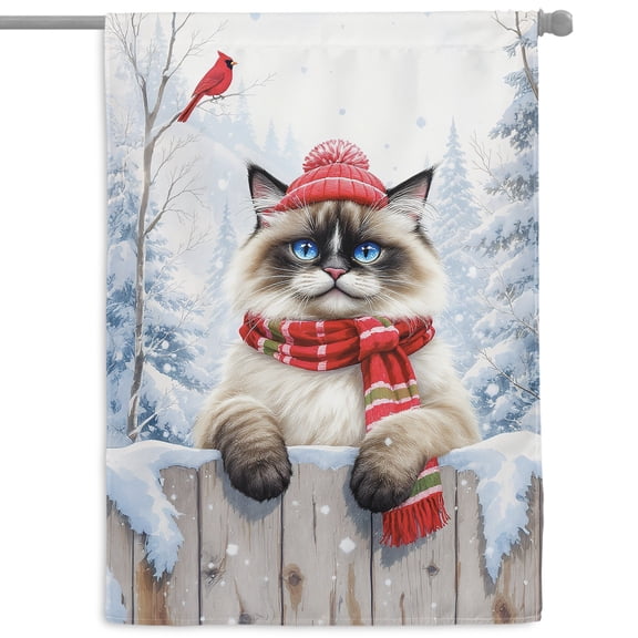 Playful Ragdoll Welcomes Winter Snowy Day with Cardinal Bird House Flag 28x40in Double Sided Cat Lover Kitten Owner Gifts Idea Outdoor Decor - 2017