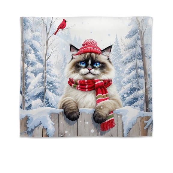 Playful Ragdoll Welcomes Winter Snowy Day with Cardinal Bird Tapestry Cat Lover Kitten Owner Gifts Idea Wall Hanging Backdrop Home Decor - 2017