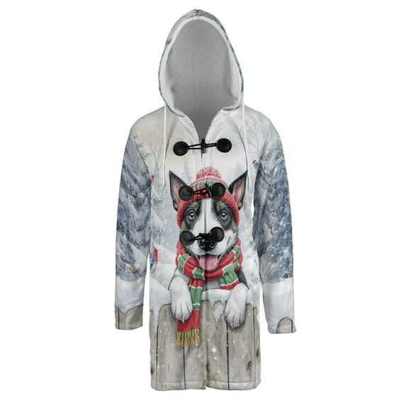 Playful Rat Terrier Welcomes Winter Snowy Day with Cardinal Bird All Over Print 3D Hooded Duffle Toggle Coat Ratty Dog Lover - 2017