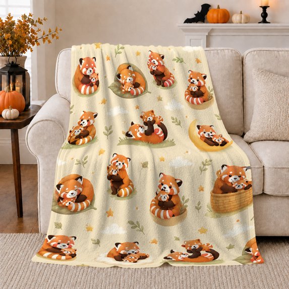 Playful Red Panda Cubs Green Leaves Whimsical Star, Playful Celestial Scene, Warm Flannel Blanket for Living Room and Bedroom, Celestial Art Lovers Housewarming Gift, Celestial Home Decor
