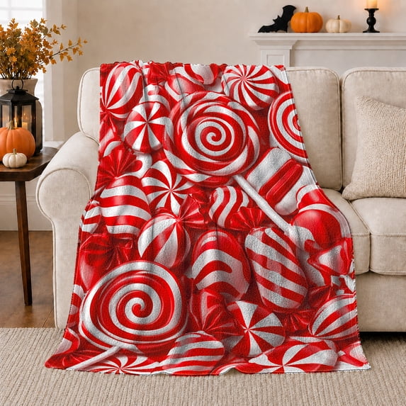 Playful Red White Candy Swirl Pattern Glossy Realistic, Festive Holiday Scene, Warm Flannel Blanket for Living Room and Family Room, Art Lovers Housewarming Gift, Festive Home Decor