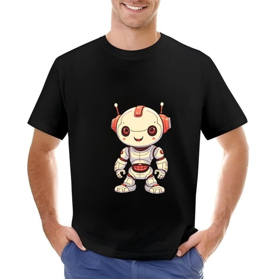 Playful Retro - Futuristic Cartoon Robot T-Shirt for Men - Short Sleeve Cotton Tee with Smiling Face Red Eyes and Colorful Design