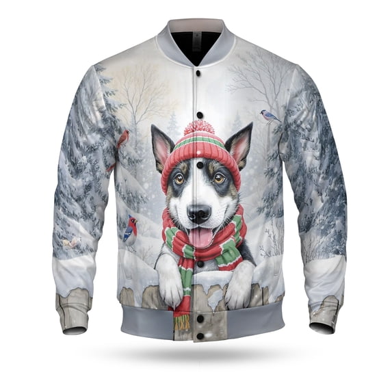 Playful Saint Bernard Welcomes Winter Snowy Day with Cardinal Bird All Over Print 3D Baseball Jacket Ratty Dog Lover Bomber Jacket Softball - 12017