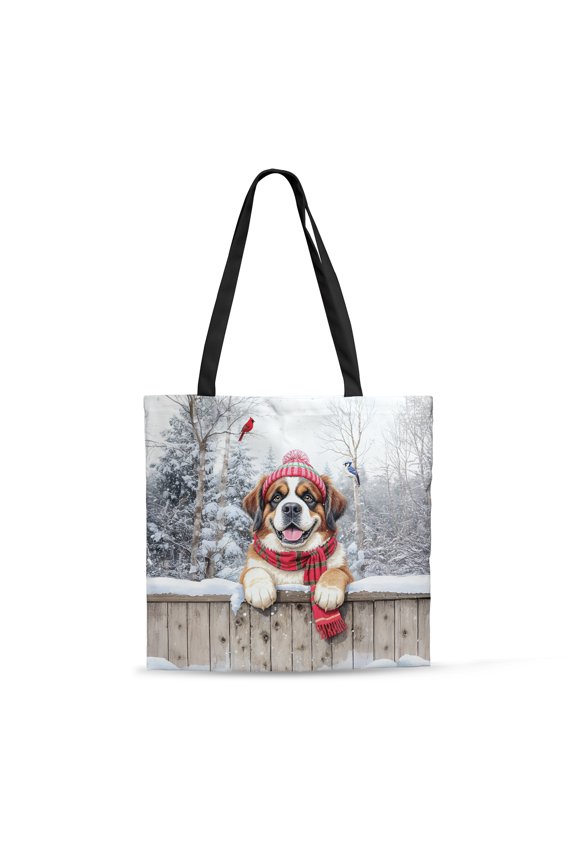 Playful Saint Bernard Welcomes Winter Snowy Day with Cardinal Bird All Over Print 3D Canvas Tote Bag St Dog Lover Reusable Handbag - 2017