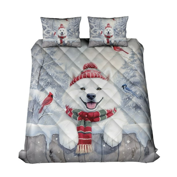 Playful Samoyed Welcomes Winter Snowy Day with Cardinal Bird Quilt Bedding Set Siberian Sammy Dog Lover 1 Blanket Bed Cover 2 Pillowcases - 12017