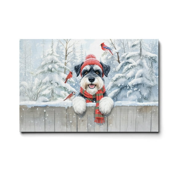 Playful Schnauzer Welcomes Winter Snowy Day with Cardinal Bird Horizontal Matte Canvas Poster Miniature Schnauzer Dog Lover Wall Art Home Decor - 2017
