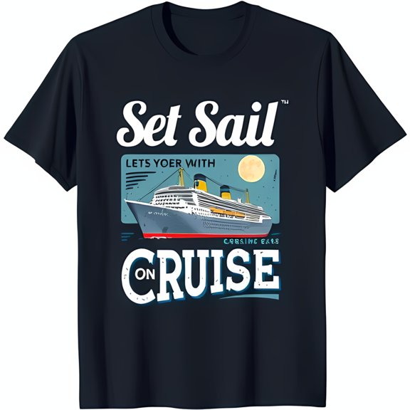 Playful 'Set Sail' Graphic Tee with Cruise Ship Design Blue T-Shirt