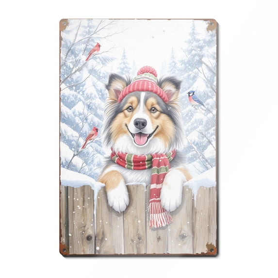 Playful Shetland Sheepdog Welcomes Winter Snowy Day with Cardinal Bird Vertical Metal Aluminum Sign Sheltie Dog Lover Gifts Wall Art Home Decor - 2017