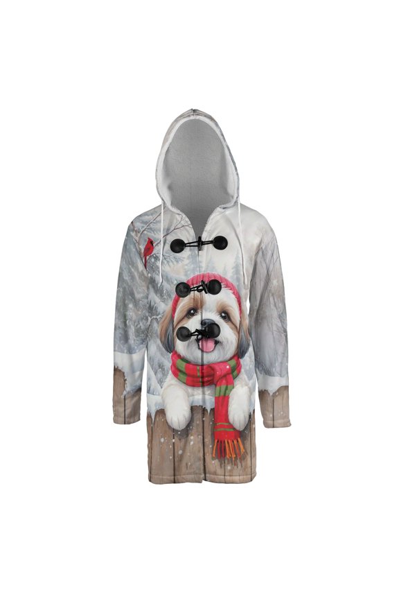 Playful Shih Tzu Welcomes Winter Snowy Day with Cardinal Bird All Over Print 3D Hooded Duffle Toggle Coat Lion Dog Lover Gifts - 2017