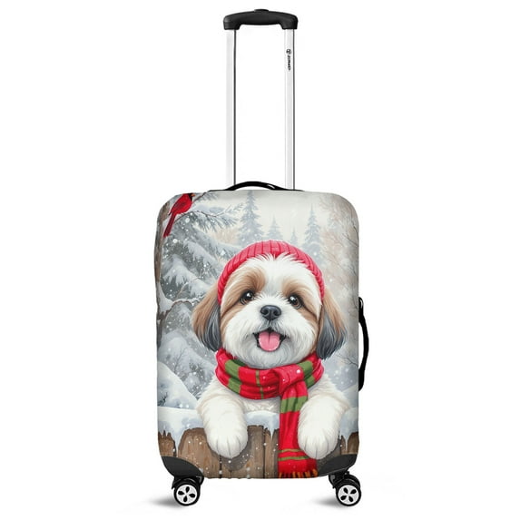 Playful Shih Tzu Welcomes Winter Snowy Day with Cardinal Bird Travel Luggage Cover Lion Dog Lover Gifts Suitcase Dust Protective Decor - 2017