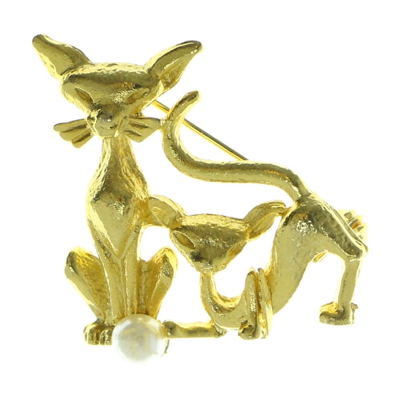 Playful Siamese Cats Brooch-Pin Gold-Tone & White Metal With Bead Accents LQP707